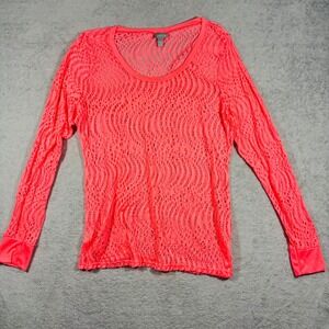 Vanity Essentials Top Women 2XL Pink Neon Crochet Open Knit Long Sleeve‎ Y2K